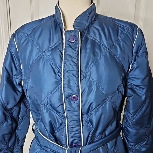 Vintage Eddie Bauer Black Label Navy and White Quilted Down Robe Size Medium - Picture 4 of 13